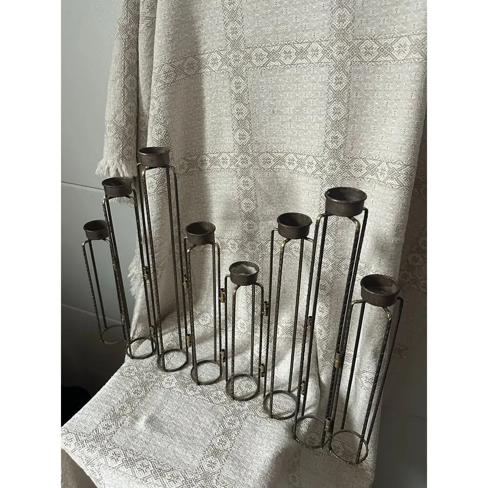 Vintage Brutalist Folding Wrought Iron Candelabra 8 Arm Tea Light Candle Holder